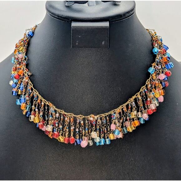 VTG Signed 'ZAD Murano Glass Style Cube Rainbow Beaded Fringe Collar Necklace - Picture 1 of 5